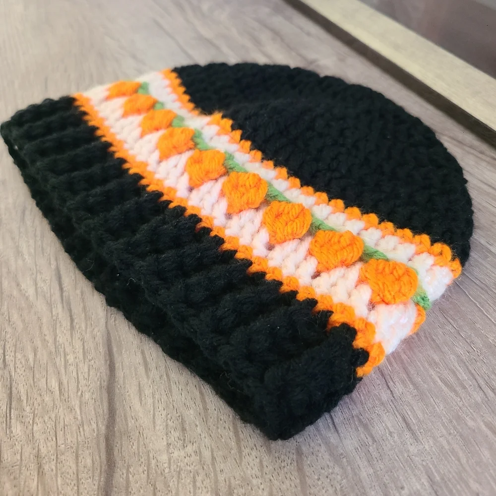 Handmade Pumpkin Patch Beanie, Black and Orange Baby Beanie, 3-6 Month, Crochet